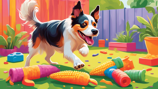 A playful scene of a happy dog in a colorful backyard, joyfully playing with a corn-shaped dog toy. The toy is soft, chewable, and designed to ensure safety, featuring vibrant hues and a textured surf