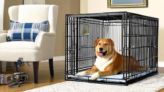Create a high-resolution image of a top-rated, 48 inch heavy duty dog crate designed for large breeds. The crate should be set up in a clean, modern living room with a happy, healthy large dog inside,