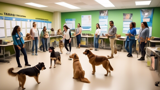 A vibrant and modern classroom setting where aspiring dog trainers are engaged in a hands-on training session with their dogs. The room is equipped with educational posters, training tools, and certif
