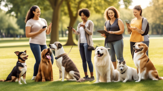 Create an image that shows a diverse group of dogs and their owners in a park setting, engaging in various training activities. Some owners are using clickers and treats for positive reinforcement, so