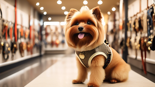 Create an image of several stylish, high-quality dog harnesses on display in a bright, upscale pet store. Surround the harnesses with small details that emphasize their luxury, like elegant tags or su