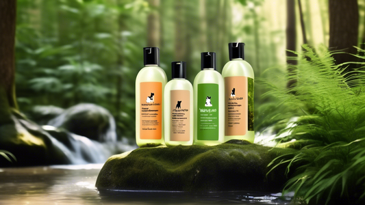 Create an image of a natural, eco-friendly dog shampoo bottle in a lush, forest-like setting. The bottle should have a sleek, modern design with labels showcasing ingredients like aloe vera, coconut o
