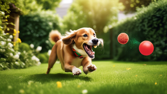 Create an image of a happy dog playing with a Kong ball in a lush green backyard. The dog should look engaged and excited as it tries to get treats out of the Kong ball, showcasing the mental and phys
