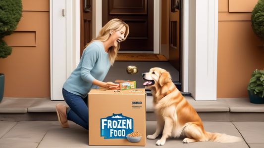Create an image of a cheerful dog owner receiving a delivery box labeled 'Frozen Dog Food' on their doorstep. The dog, a happy and healthy Golden Retriever, is excitedly sniffing the box. The delivery