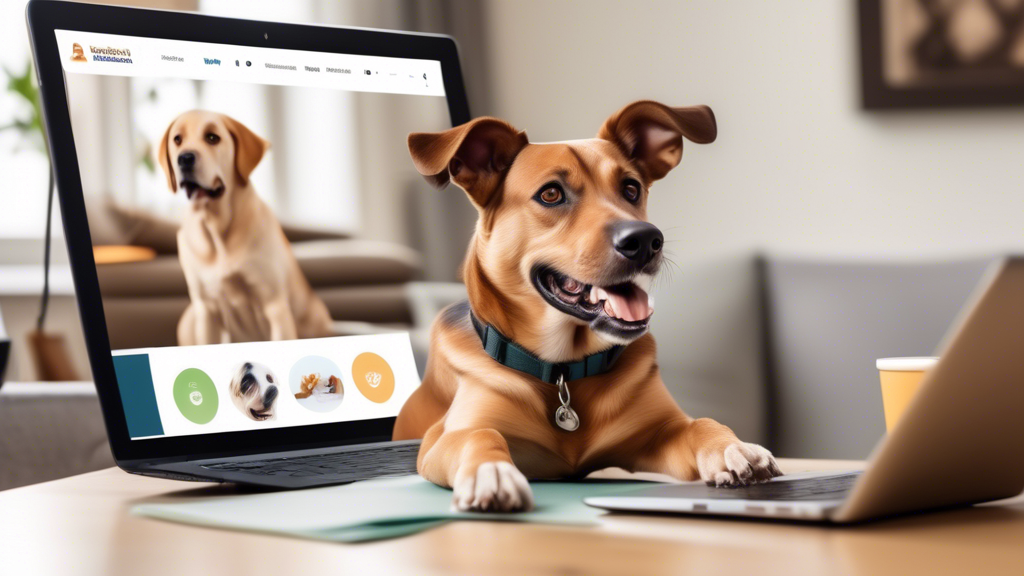 Create an image of a happy, well-behaved dog sitting attentively in front of a laptop. The screen displays an online training course with a friendly dog trainer demonstrating commands. Surround the do