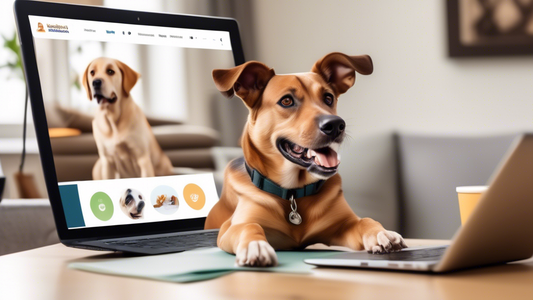 Create an image of a happy, well-behaved dog sitting attentively in front of a laptop. The screen displays an online training course with a friendly dog trainer demonstrating commands. Surround the do