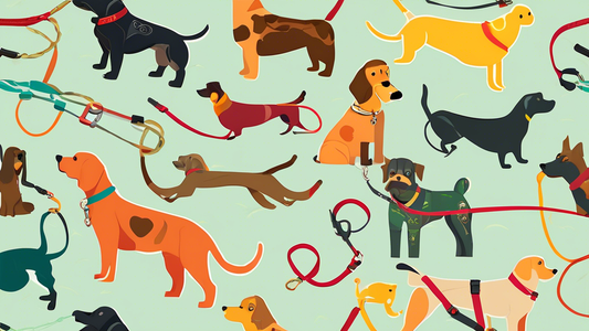 Create an image showcasing a diverse selection of dog leashes tailored for different types of dogs. Include various leash styles and materials, such as retractable leashes, leather leashes, and colorf