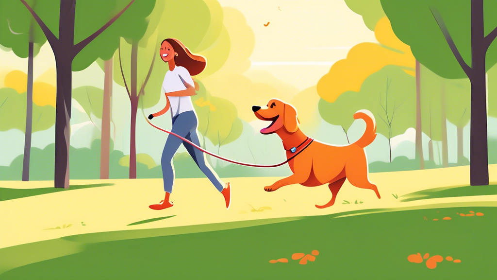 Create an image of a happy dog joyfully running in an expansive park, exploring and sniffing around, while attached to an extra long dog lead. The dog's owner is smiling, comfortably holding the lead 