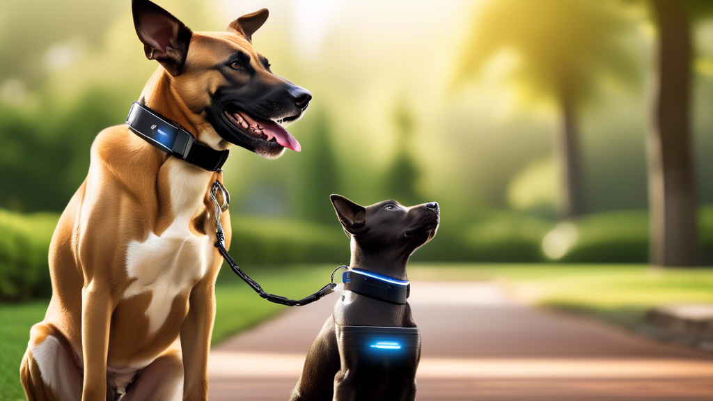 Create an image of a sleek, modern dog training scenario featuring a professional trainer and a well-behaved dog wearing a high-tech Dogtra ARC training collar. The background should show a vibrant, o