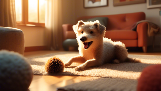 Create an image of a happy, playful dog enthusiastically playing with the Kong Hedgehog Toy in a cozy living room. The dog should look engaged and joyful, with the toy prominently featured. The room i