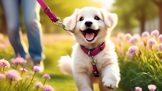 Create an image of a cheerful puppy with a shiny, new leash being held by a joyful person. The puppy is wearing a cute collar, and they are both standing on a picturesque, grassy path in a park. The s