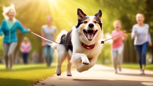 Create an image of a happy dog on a long line lead in a sunny park. The dog is excitedly running ahead of its owner, who holds the other end of the long line lead with a smile. The scene captures the 
