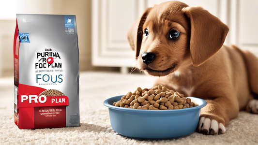 Create a detailed and heartwarming image of a young, playful puppy eating from a bowl labeled 'Purina Pro Plan Focus.' The setting should be a cozy, well-lit living room with a soft rug and toys scatt