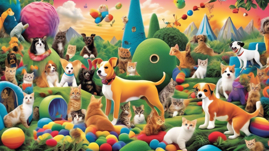 Create a vibrant and playful image of pets, including dogs and cats, exploring a fantastical landscape filled with whimsical and colorful toys from 'Tall Tails Toys'. The pets should be shown having a