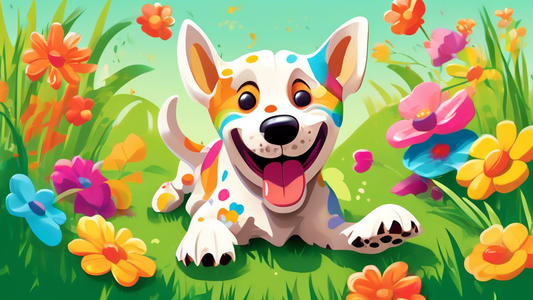 Create an image of a playful dog happily chewing on a vibrant Busy Buddy Bristle Bone chew toy in a sunny backyard, with lush green grass and colorful flowers in the background. The toy should have a 
