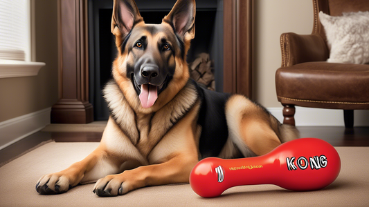Create an image of a large dog, such as a German Shepherd or a Labrador, happily chewing on a durable Kong bone toy in a cozy living room setting. Surround the dog with a few different types of Kong b