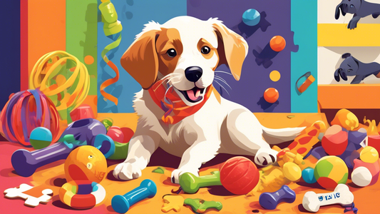 Create an image of a playful and energetic puppy surrounded by a variety of colorful and engaging dog chew toys. The toys should include different shapes and textures, such as bones, ropes, balls, and