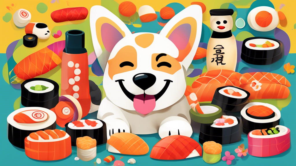 Create a vibrant and playful image of a happy dog surrounded by various sushi-themed dog toys, including plush nigiri, squeaky rolls, and rubber soy sauce bottles, set against a colorful and whimsical