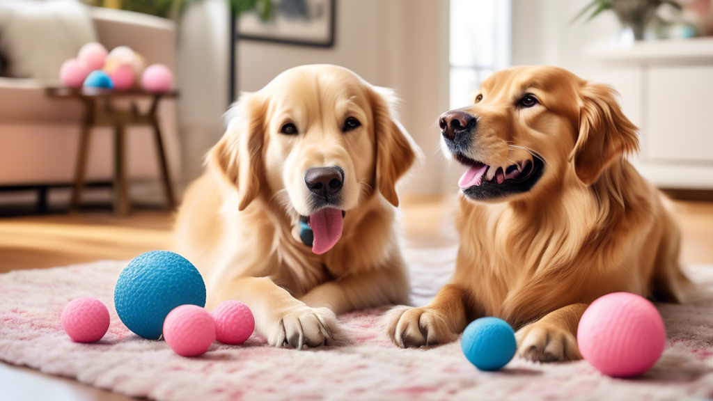 Create a vibrant and playful scene featuring a happy dog and cat interacting with treat balls in a cozy living room. The dog, a golden retriever, is nudging a blue treat ball with its nose, while the 