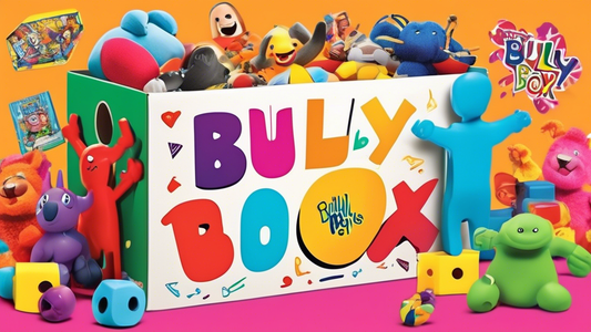 Create an image of a brightly colored toy box labeled Bully Box Toys in a playful font. The box is open, revealing various unique and quirky toys inside, like humorously exaggerated action figures, mi
