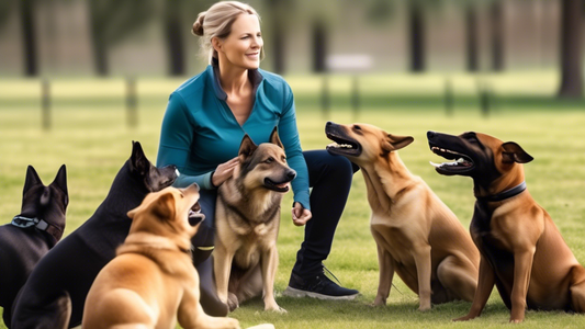 Create an image of a calm and confident dog trainer, using the Fenrir Canine Training Method, working with a variety of dog breeds. The setting is a well-organized outdoor training ground with agility