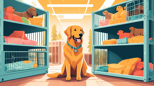 A cheerful scene featuring a variety of spacious and affordable dog crates in a pet store aisle, with a friendly and happy large breed dog — like a Golden Retriever or German Shepherd — sitting comfor