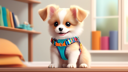 Create an image of a small, adorable puppy happily wearing a perfectly fitting XS harness. The scene is set in a cozy living room with soft lighting, showcasing multiple colorful puppy harnesses on a 