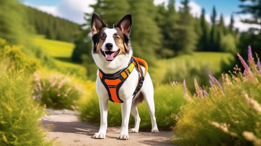 Create an image of a happy dog wearing a colorful Julius K9 Power Harness in a scenic outdoor setting. The dog should look comfortable and active, with its owner nearby, setting up the harness. Includ