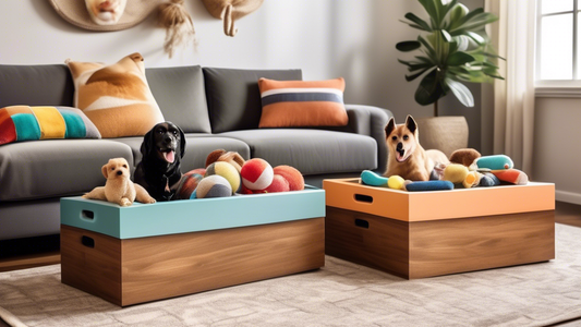 Photorealistic image showcasing a variety of stylish and functional dog toy boxes in a well-decorated living room setting. The boxes come in different materials like wood, fabric, and plastic, and are