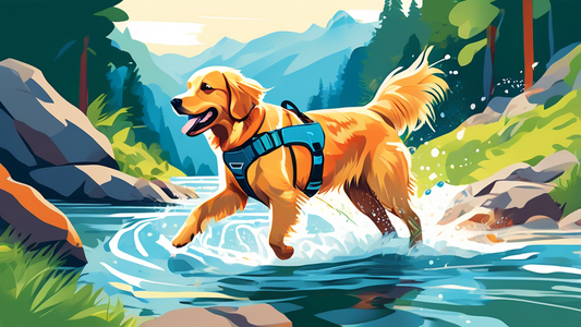 A sturdy and vibrant waterproof dog harness displayed on a happy golden retriever, splashing through a scenic mountain stream surrounded by lush green forests and rocky terrain under a clear blue sky.