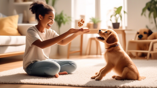 Create an image of a cheerful pet owner in a brightly lit living room, using positive reinforcement techniques to train an adorable, eager puppy. The scene is detailed with training treats, toys, and 