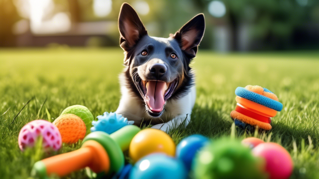 A vibrant and detailed image of a happy, energetic dog playing with a variety of colorful, durable toys, including a sturdy rubber bone, a rugged rope toy, a tough squeaky ball, and a durable chew rin