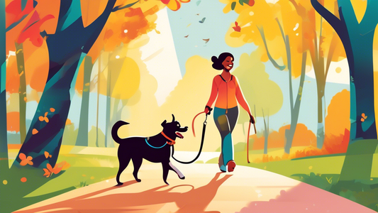 Create an image of a happy dog being walked by its owner in a scenic park, using a flexi dog leash. The leash is extended, giving the dog ample space to explore while the owner smiles and enjoys the s