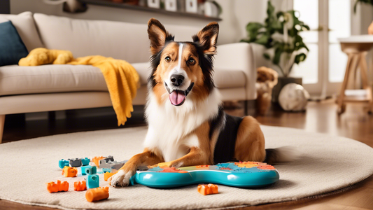 Create an image featuring a variety of interactive dog toys, including puzzle feeders, squeaky toys, and electronic fetch machines, scattered around a playful and happy dog in a cozy, well-lit living 