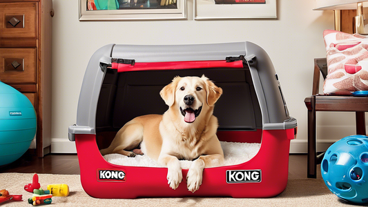 Create an image of a cozy living room where a happy dog is lounging inside a Kong crate. The crate should have a soft cushion and a few colorful dog toys around it. Display a variety of Kong crates in