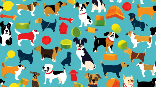 An array of durable bully chew toys for dogs displayed on a grassy background under a sunny sky, featuring a variety of shapes and colors, with different breeds of dogs playfully interacting with the 