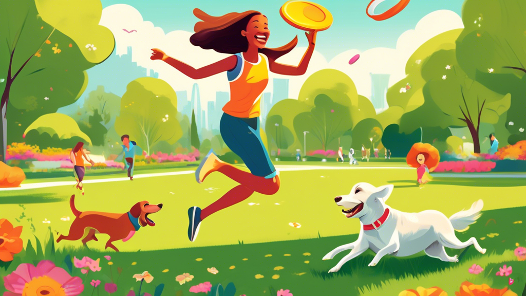 A sunny park scene with a joyful individual playing frisbee with their energetic dog. The person is mid-throw, and the dog is leaping into the air to catch the frisbee. Both appear happy and engaged i