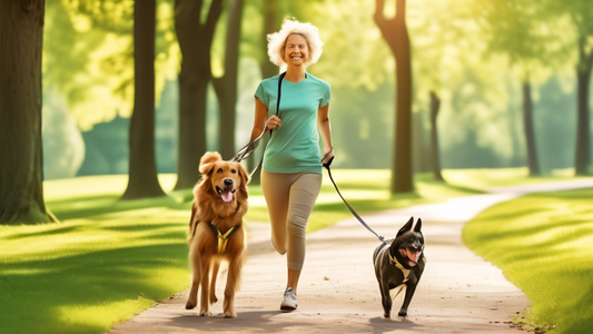 Create an image of a smiling person walking their dog in a beautiful park using a hands-free leash. The person is jogging lightly along a tree-lined path, with the leash comfortably attached to their 