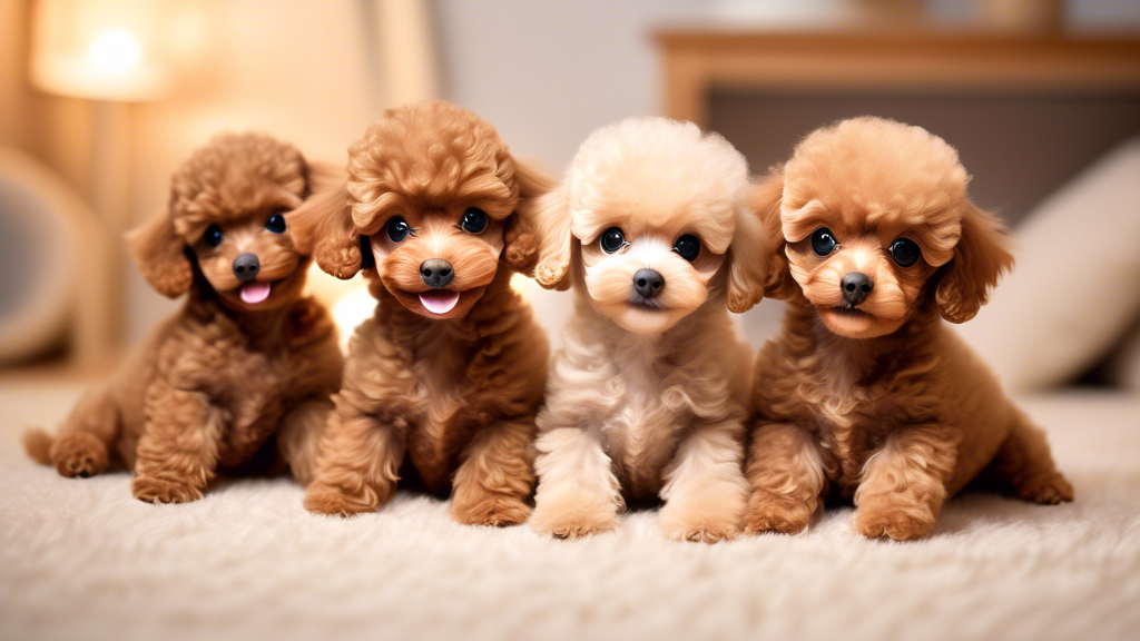 Create an image of a group of adorable toy poodle puppies playing together in a soft, cozy environment with plush toys and a warm, inviting ambiance. The puppies should have fluffy fur in shades of wh