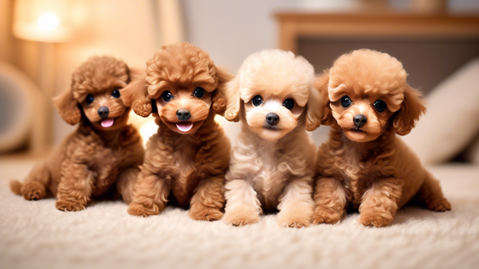 Create an image of a group of adorable toy poodle puppies playing together in a soft, cozy environment with plush toys and a warm, inviting ambiance. The puppies should have fluffy fur in shades of wh