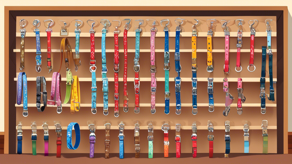 Create a detailed illustration of various dog lead and collar sets on display in a pet store. The scene should include a variety of styles and colors, with some sets designed for small toy breeds, oth