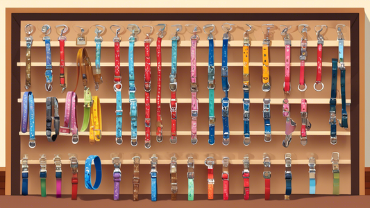 Create a detailed illustration of various dog lead and collar sets on display in a pet store. The scene should include a variety of styles and colors, with some sets designed for small toy breeds, oth