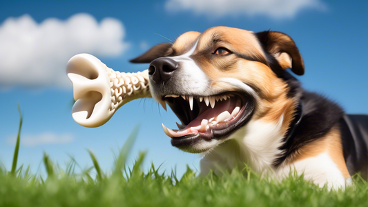 Create a high-quality image of a happy dog enthusiastically chewing on a Benebone Fishbone toy. The Fishbone should be a bone-shaped chew toy with subtle fish-like details, such as scales and fins. Th