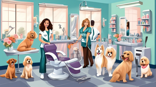 Create a detailed illustration of a professional dog grooming salon. The scene should include various essential grooming supplies such as grooming tables, high-quality brushes, scissors, nail clippers