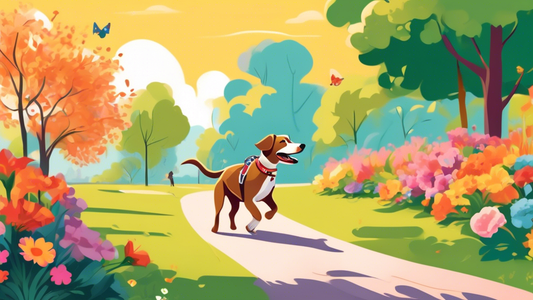 Create an image of a happy dog being walked by a person in a picturesque park, showcasing a variety of thick, durable dog leashes in different colors and designs. The dog looks excited and comfortable