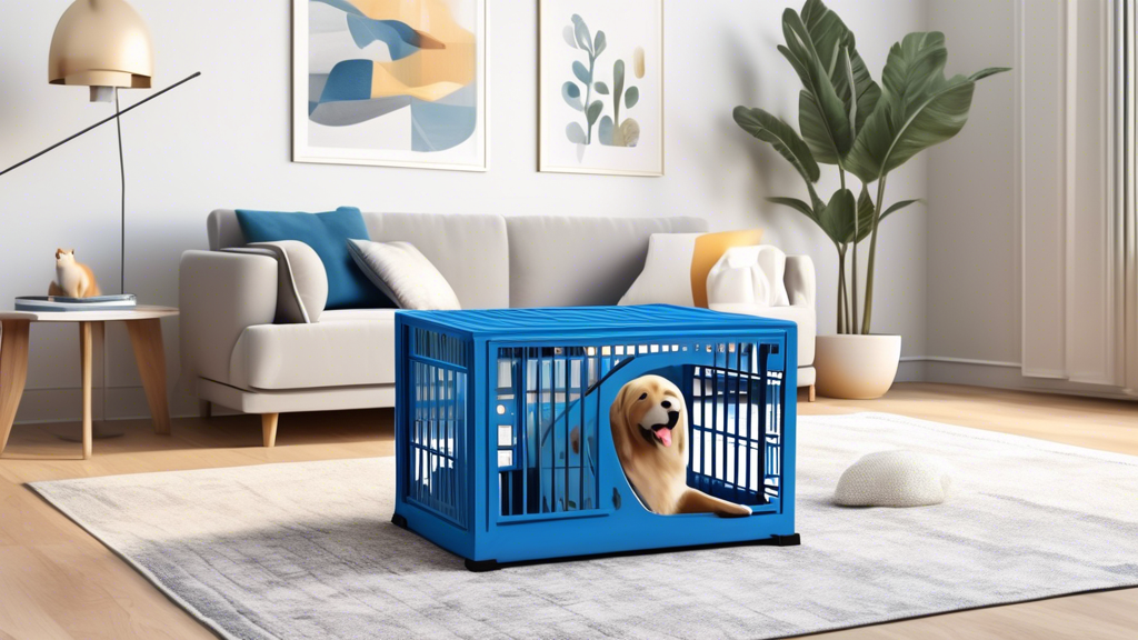 A variety of stylish and functional blue dog crates displayed in a cozy living room setting, with different sizes to accommodate various breeds. Each crate features comfortable bedding, chew toys, and