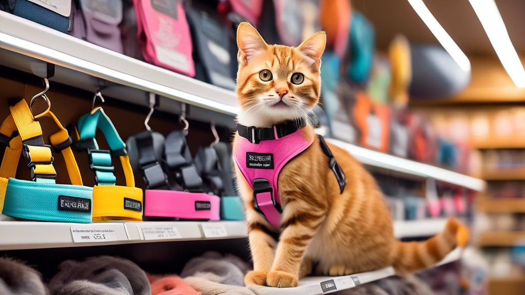 Create a detailed image of a variety of cat harnesses displayed on a cozy, well-lit pet store shelf. Include options in different sizes, colors, and styles, with labels that highlight features like 'b