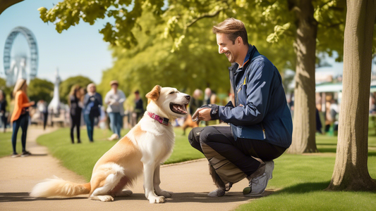 Create an image of a professional dog trainer working with a well-behaved dog in a picturesque park in Southend. The trainer uses positive reinforcement techniques, such as treats and praise. The back