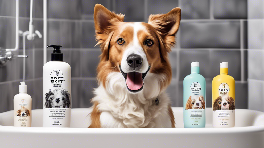 Create an image featuring a cheerful, well-groomed dog surrounded by various bottles of high-quality, Isle of Dogs branded pet shampoos. Each bottle should have clear labels indicating different benef
