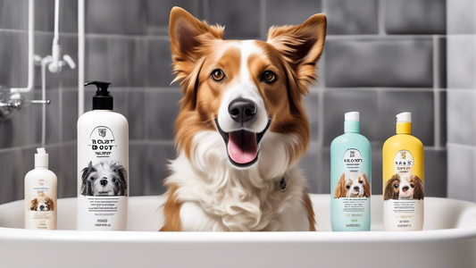 Create an image featuring a cheerful, well-groomed dog surrounded by various bottles of high-quality, Isle of Dogs branded pet shampoos. Each bottle should have clear labels indicating different benef